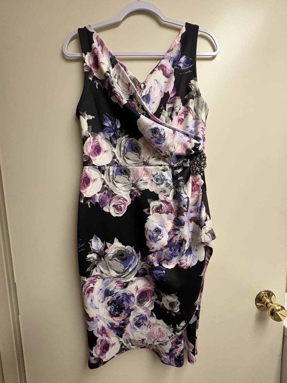 Alex Evenings Black Floral Dress with Lavender and White Roses